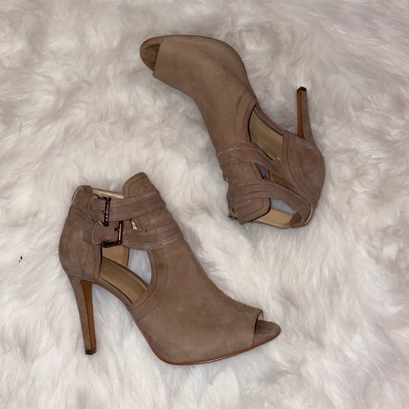 Michael Kors Leather Suede Booties Pumps Peep Toe - Picture 1 of 8